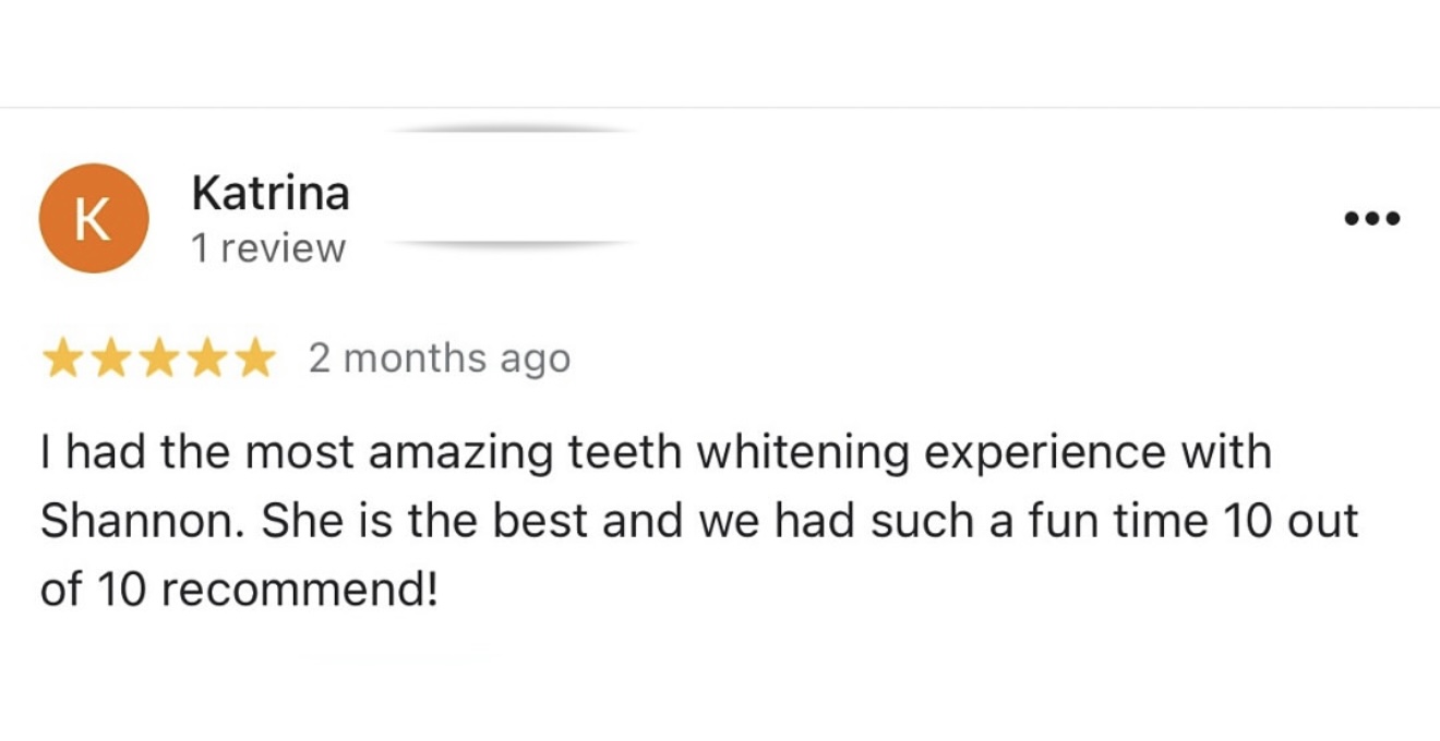 Google review of teeth whitening at Beauty and Skin Depot