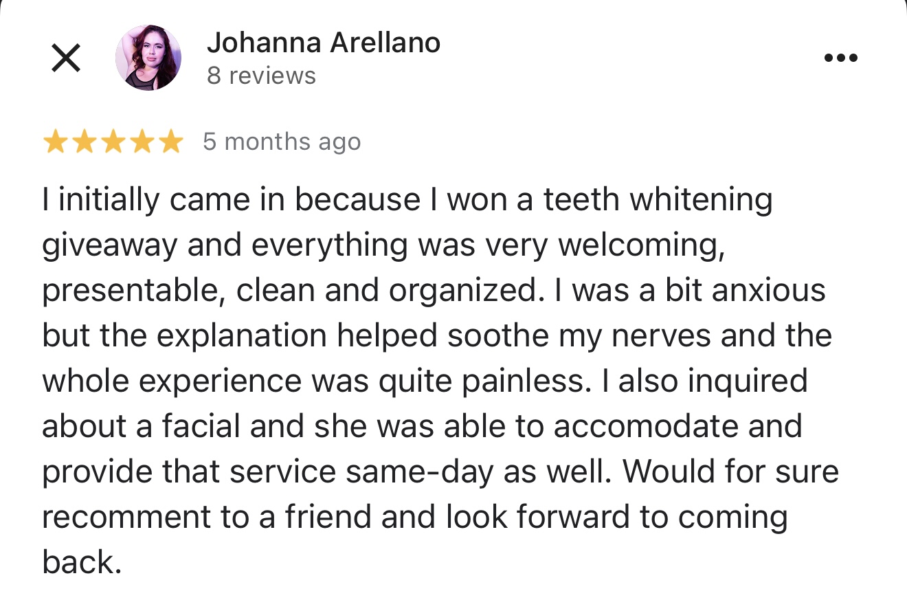 Google review of teeth whitening at Beauty and Skin Depot