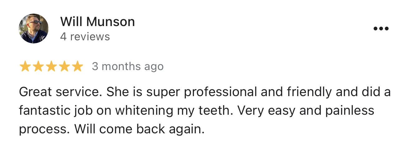Google review of teeth whitening at Beauty and Skin Depot